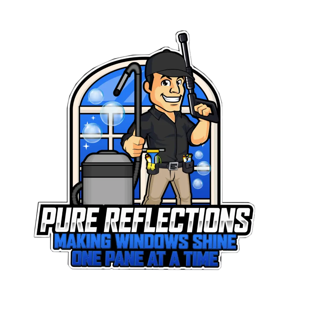 Pure Reflections logo featuring a professional window cleaner with tools in front of a window and the slogan Making Windows Shine One Pane at a Time
