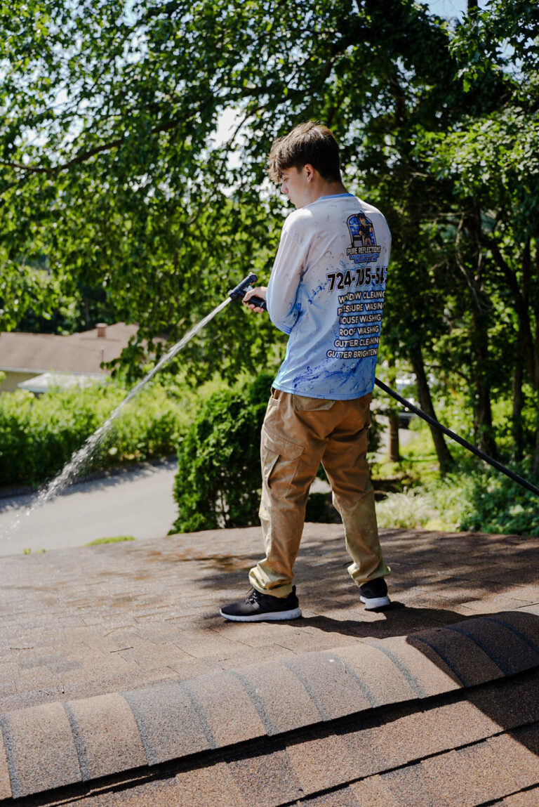 Pure Reflections technician performing roof washing service in Nevillewood, PA.