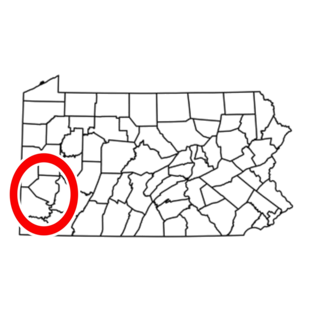 Service area map highlighting Washington and Allegheny County, PA for Pure Reflections exterior cleaning services