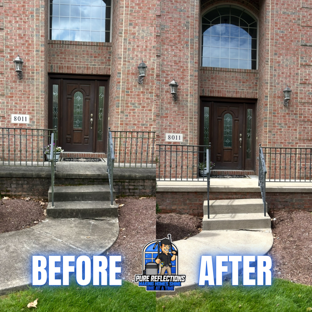 Before and after exterior brick cleaning in South Fayette, PA showing improved brick color and a brighter concrete entryway around a front door.