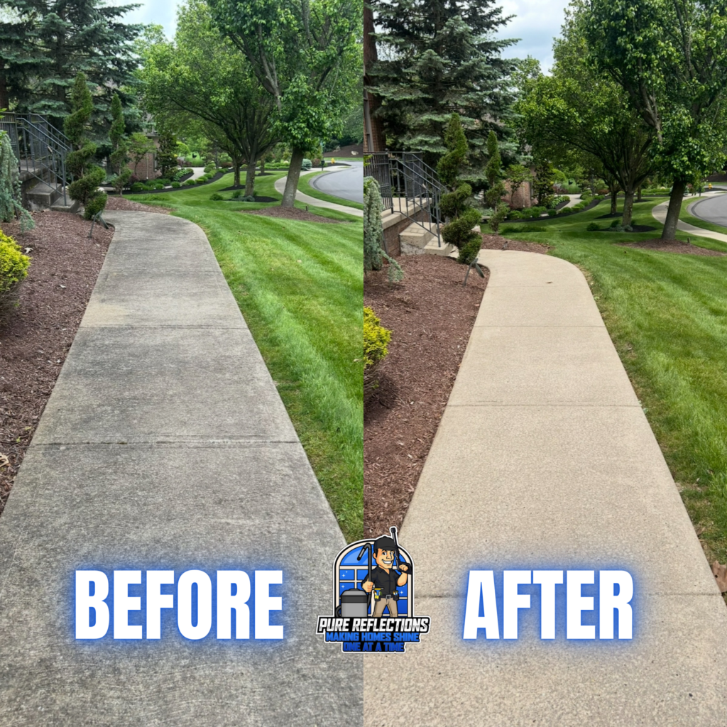 Before and after sidewalk cleaning in Bethel Park, PA showing stained concrete transformed to a bright, freshly pressure washed surface.