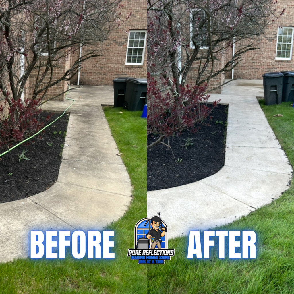 Before and after sidewalk pressure washing in Presto, PA showing stained concrete transformed into a clean, bright surface.