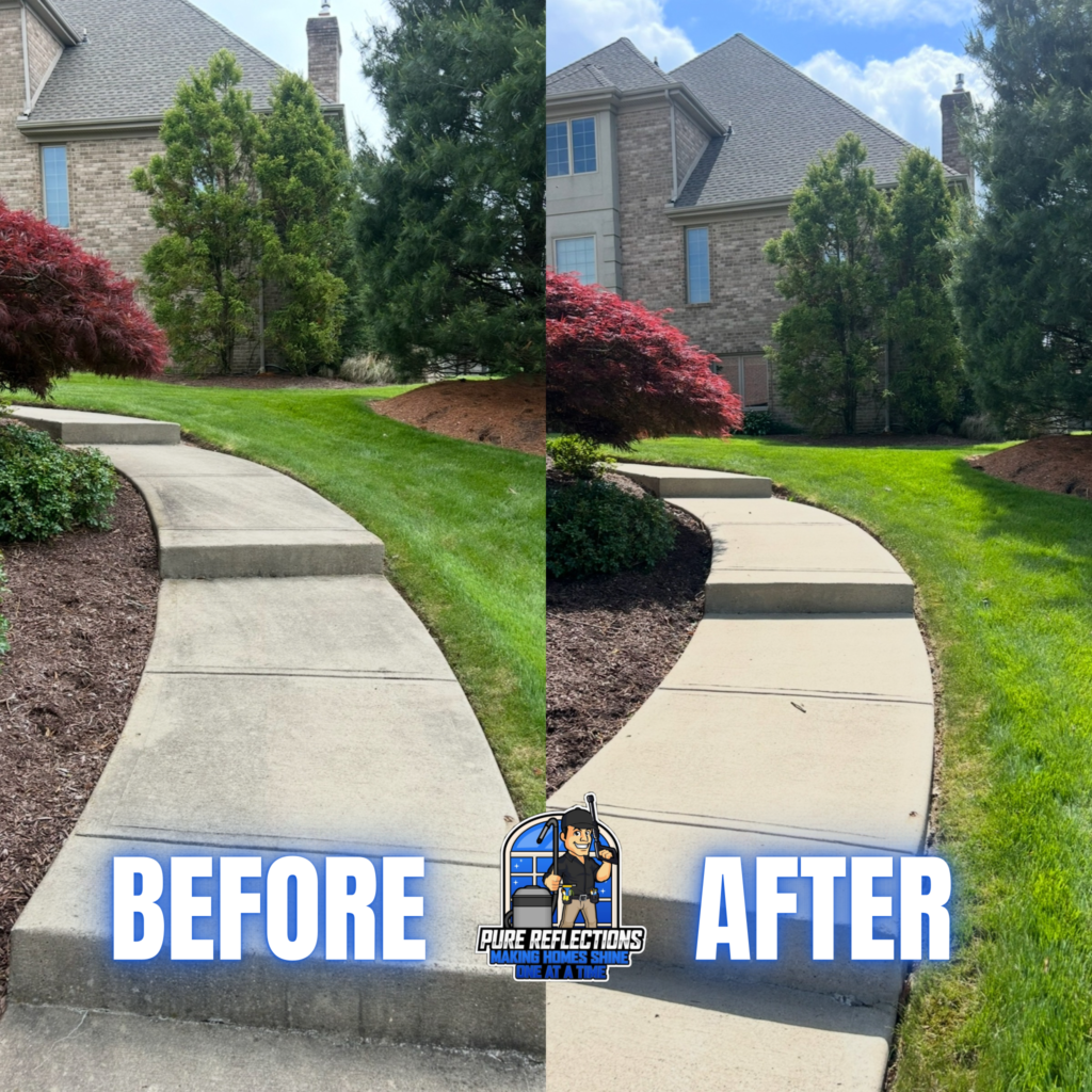 Before and after concrete walkway cleaning in South Fayette, PA showing dirt, algae, and surface staining removed from curved front sidewalk.