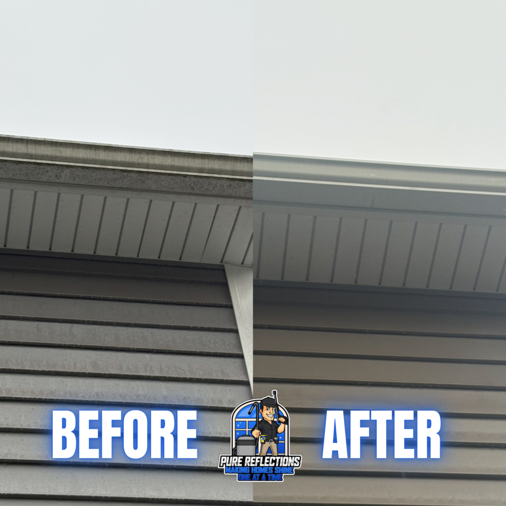 Before and after gutter brightening in Canonsburg, PA showing black tiger striping and oxidation stains removed from white aluminum gutters and fascia.
