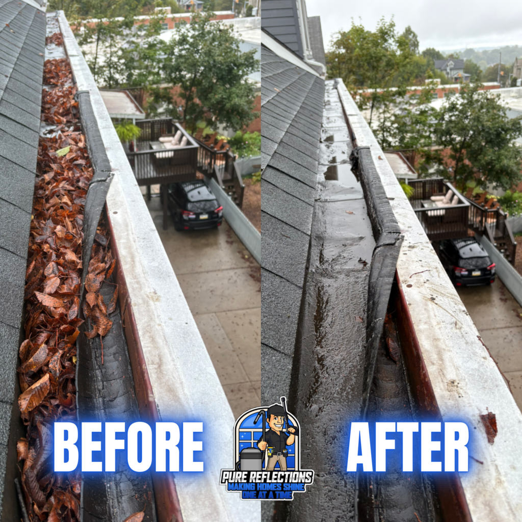 Before and after gutter cleaning in McMurray, PA showing clogged gutters filled with wet leaves compared to fully cleared and flushed gutter system.