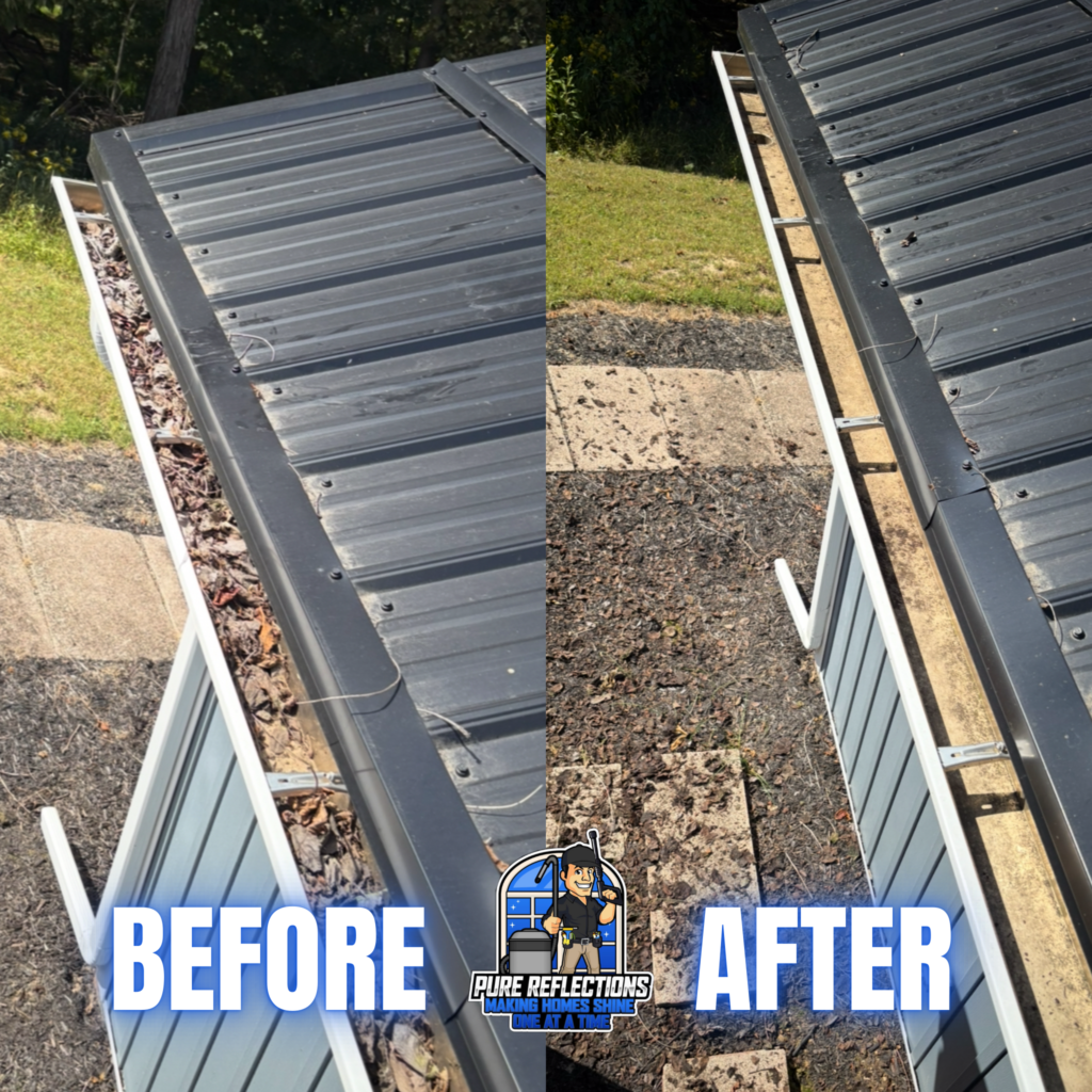 Before and after gutter cleaning in Peters Township, PA showing gutters packed with leaves and debris compared to fully cleared and cleaned gutters.