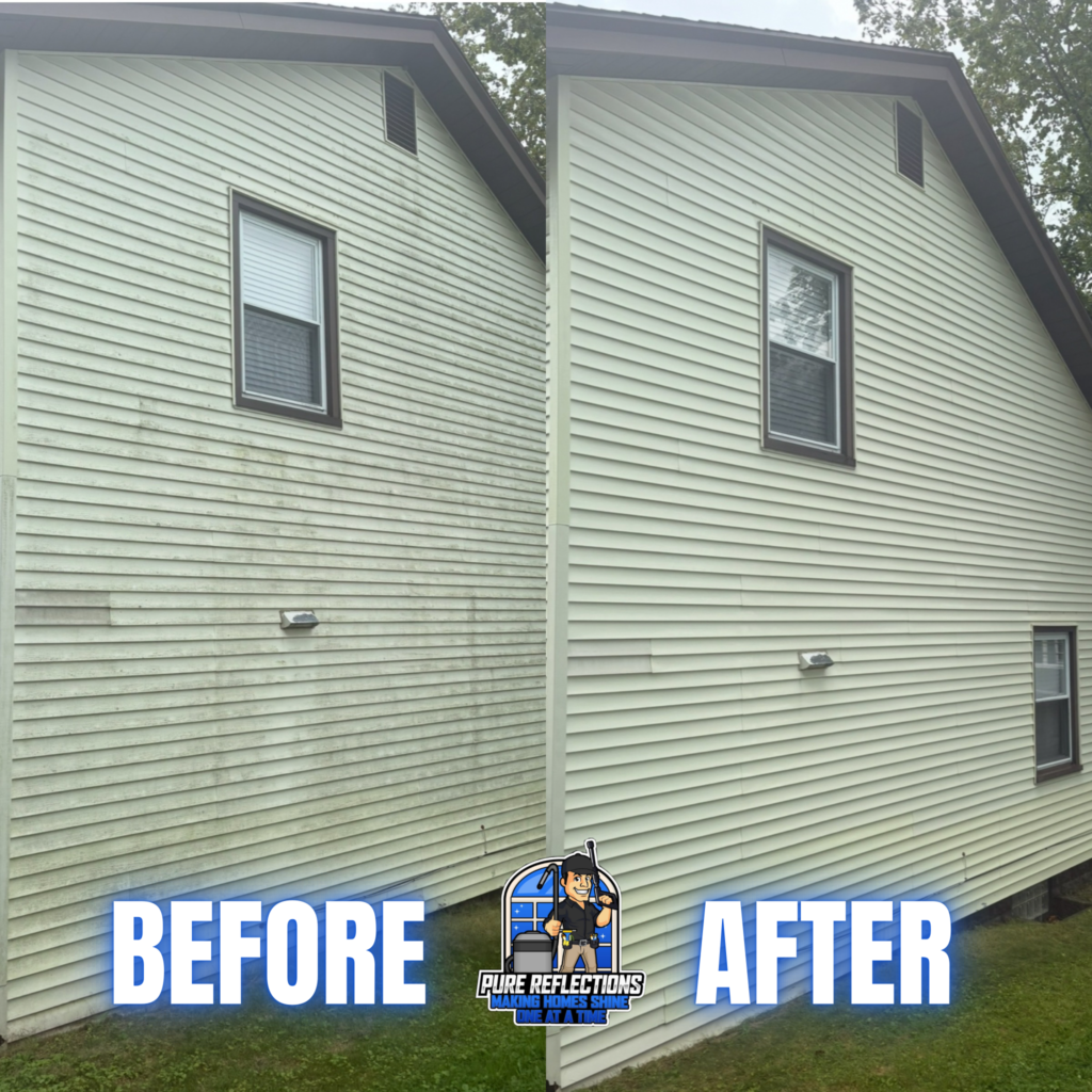 Before and after house washing in Jefferson Hills, PA showing removal of green algae and surface buildup from vinyl siding near the roofline.