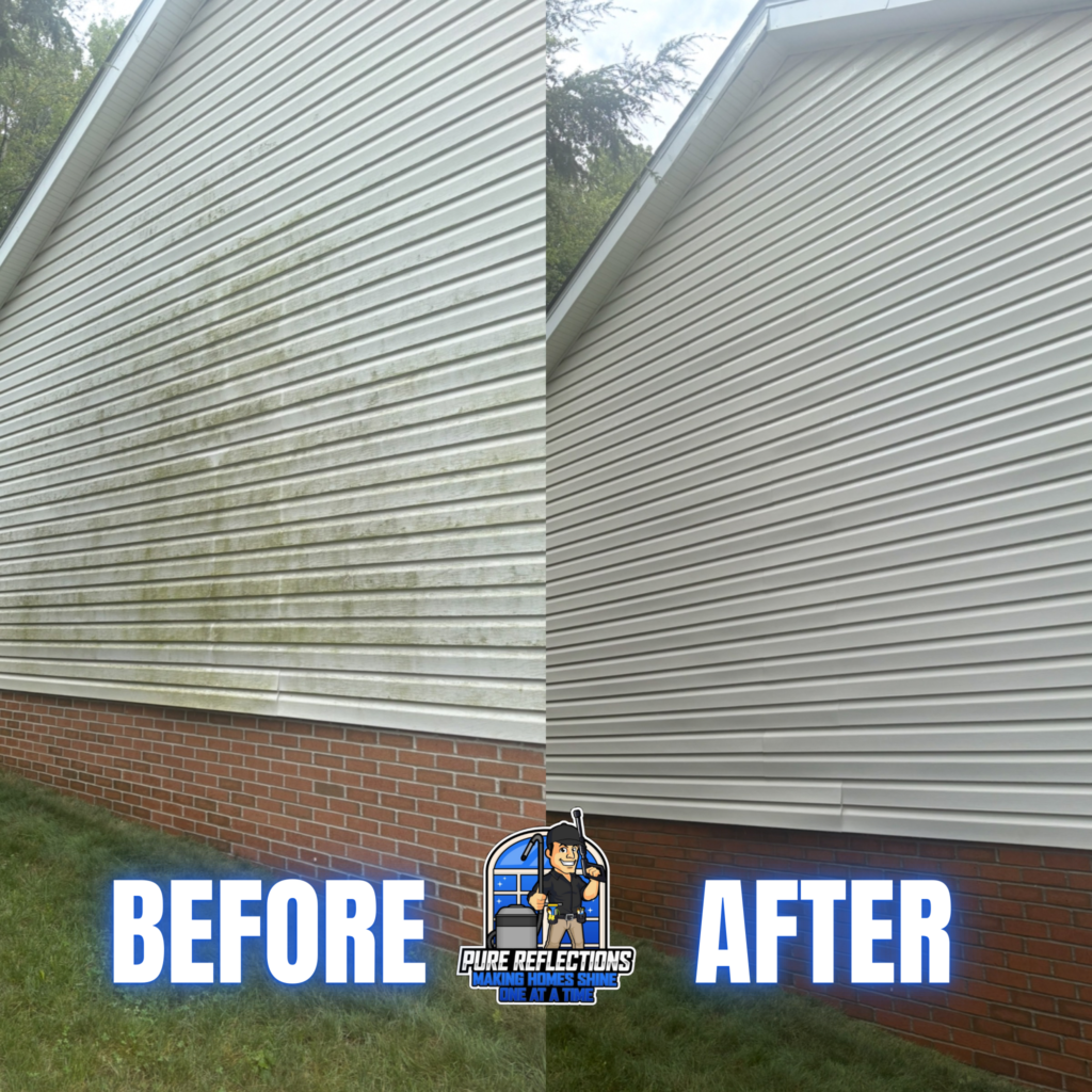Before and after house washing in McMurray, PA showing heavy green algae buildup removed from white vinyl siding above a brick foundation.