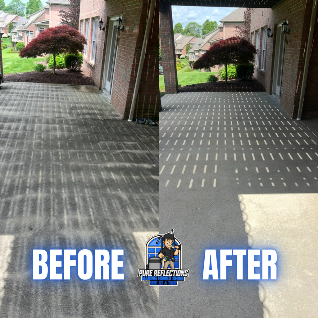 Before and after patio pressure washing in Mount Lebanon, PA showing removal of dirt, algae, and surface staining from covered concrete porch.