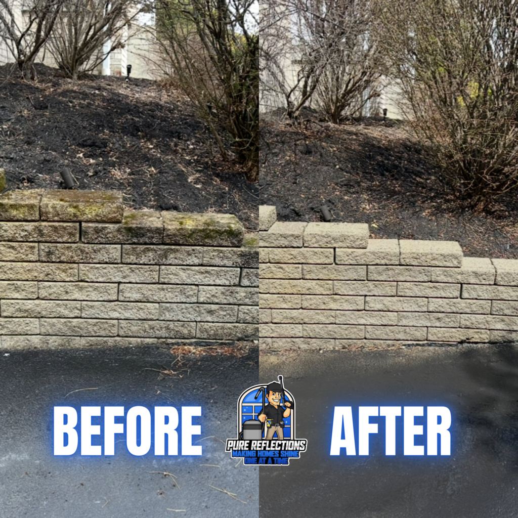 Before and after retaining wall cleaning in Bridgeville, PA showing removal of algae, moss, and dirt from concrete block wall.