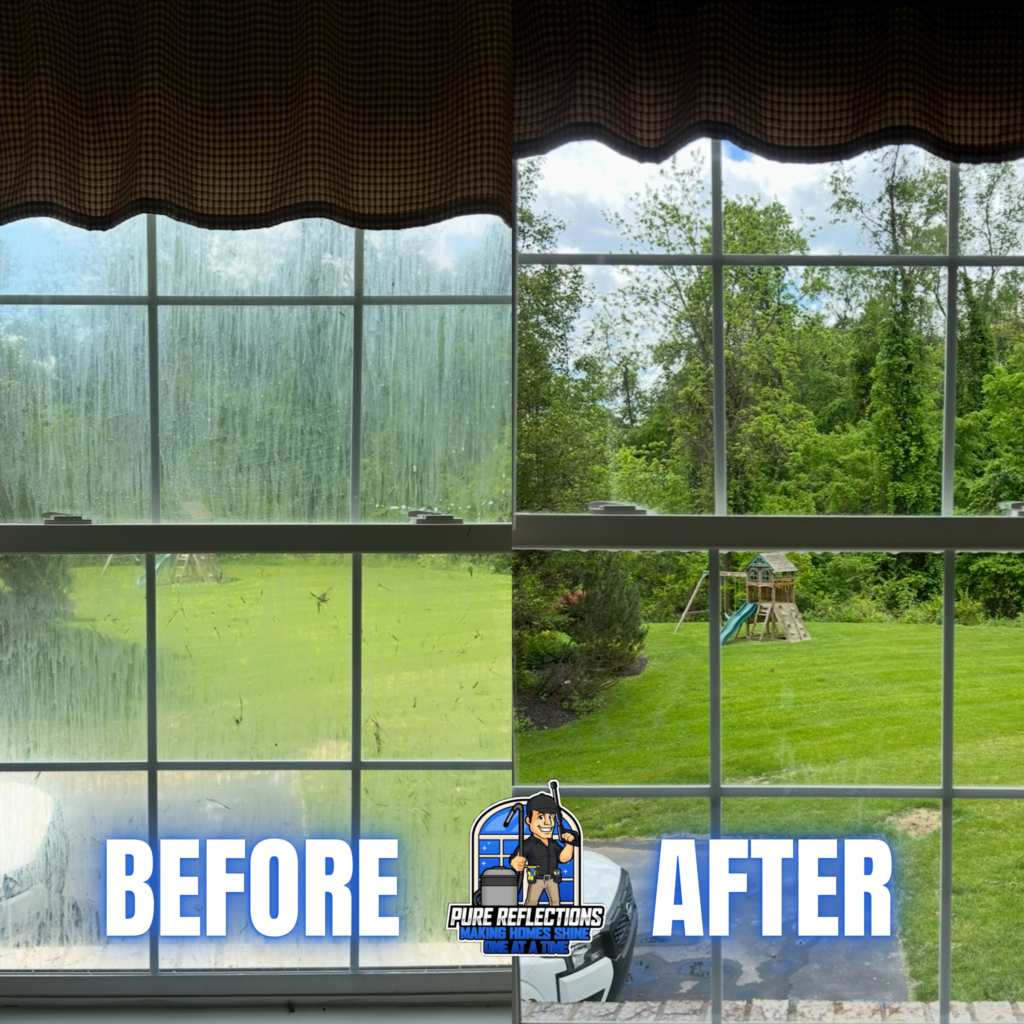 Before and after window cleaning in Peters Township, PA showing heavy streaks, water spots, and debris removed for a clear backyard view.