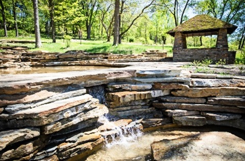 Waterfall and stone structure in South Park, PA located in Allegheny County.