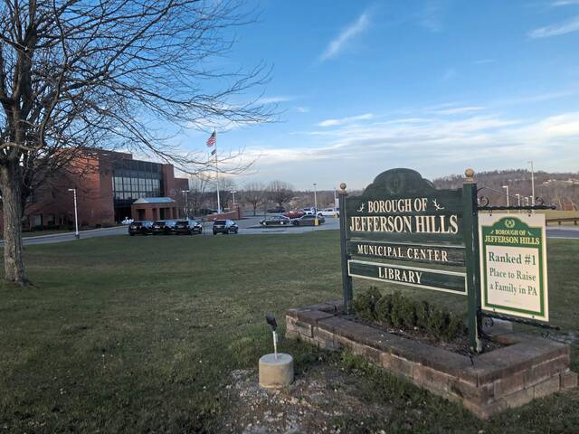 Jefferson Hills Municipal Center and library sign in Jefferson Hills, PA in Allegheny County.