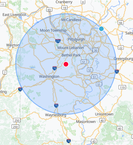 Exterior cleaning service radius covering Washington County, PA and Allegheny County, PA including Pittsburgh, Bethel Park, and surrounding communities.