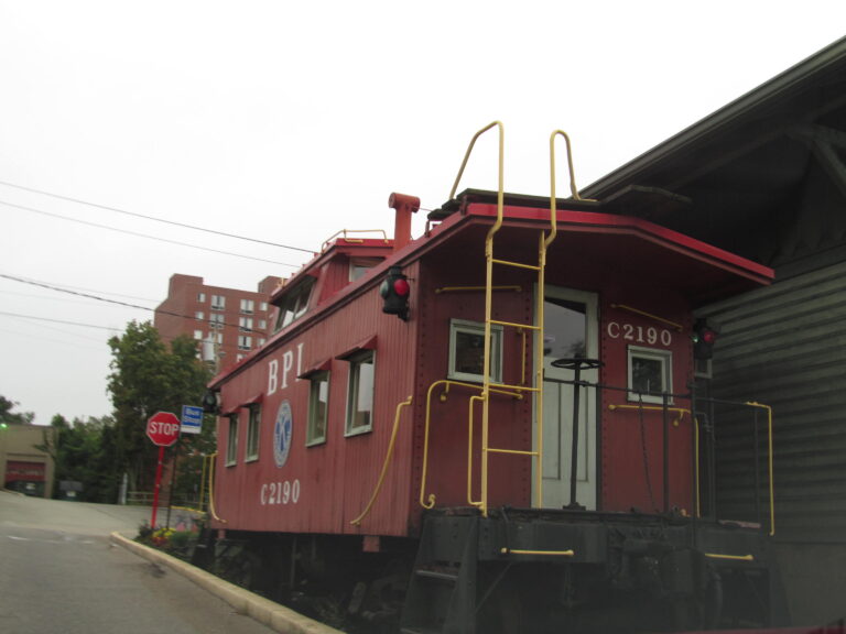 Historic red caboose train car displayed in Bridgeville, PA in Allegheny County.
