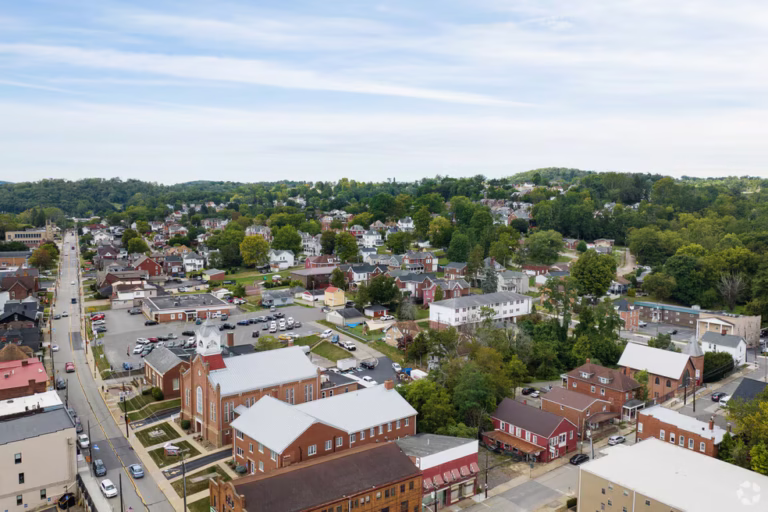 Aerial view of Canonsburg, PA showing residential homes, churches, and neighborhoods in Washington County.